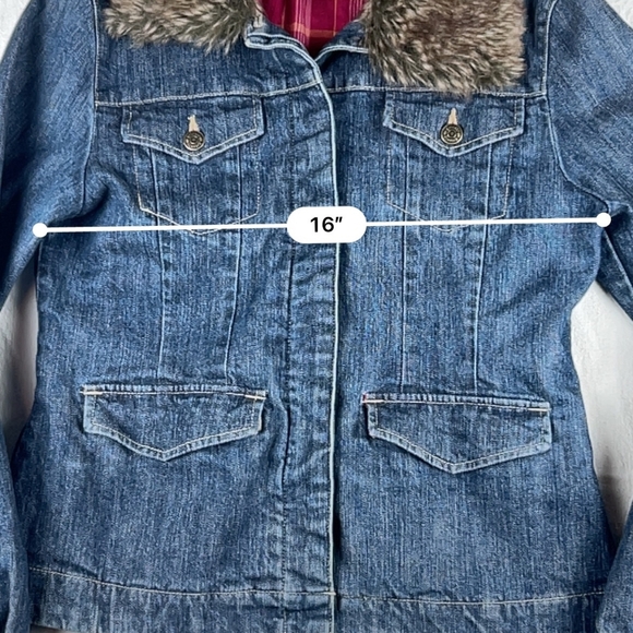 VTG Grizzly Plaid Flannel Lined Denim Jean Jacket Coat Removable Fur Collar Med - Picture 7 of 8